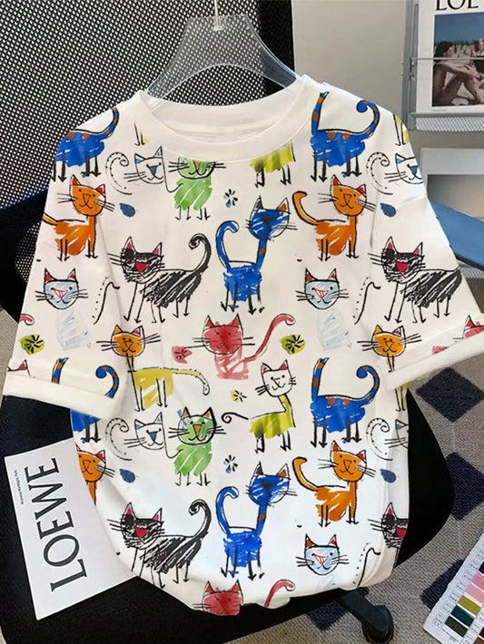 Women's Plus Size Cartoon Print Crew Neck T-Shirt