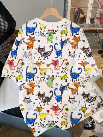 Women's Plus Size Cartoon Print Crew Neck T-Shirt