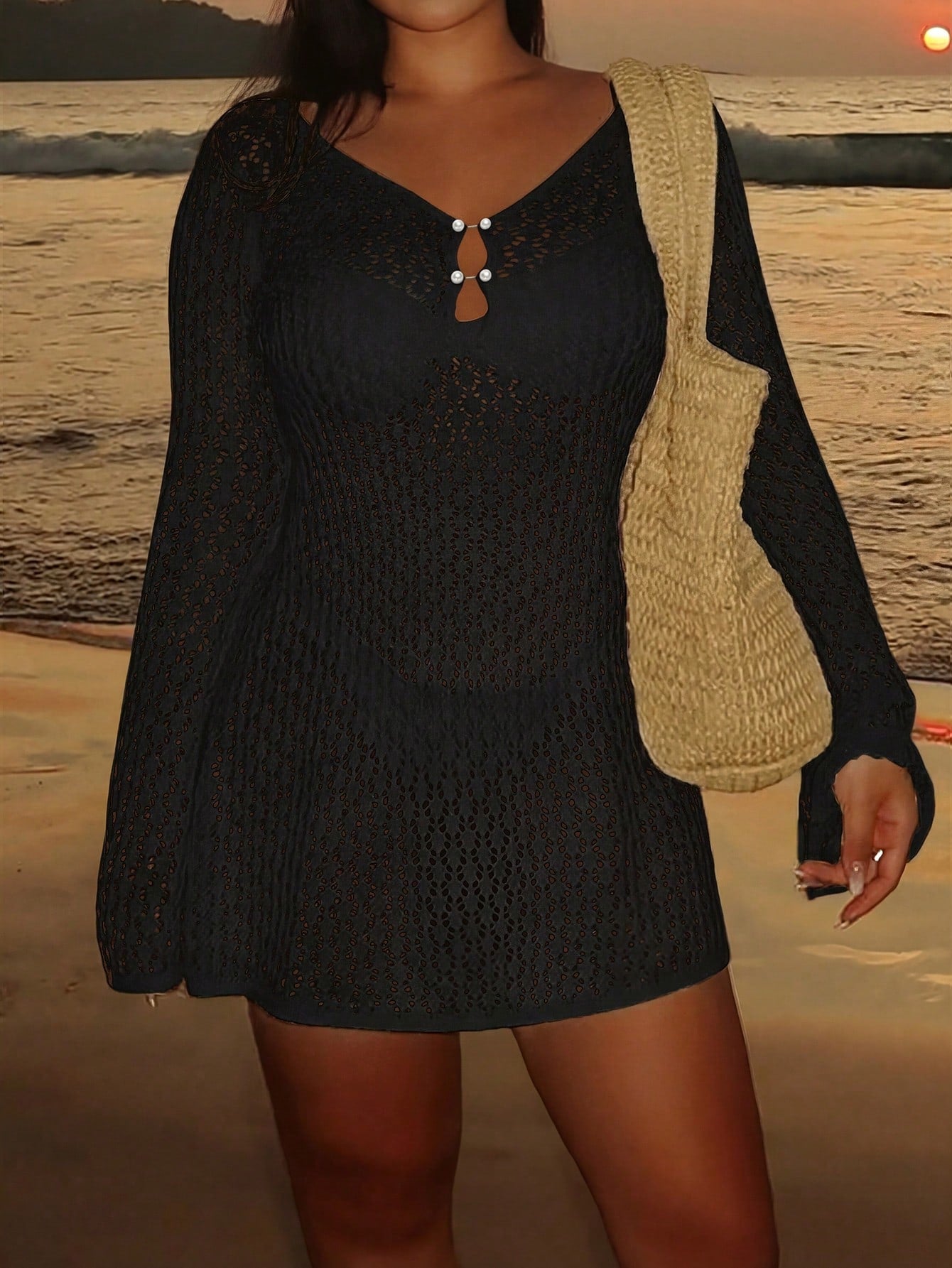 Women's Plus Size Long Sleeve Hollow Crochet Cover-Up, Elegant Bohemian Beach Vacation Style, Summer Vacation Outfit Black