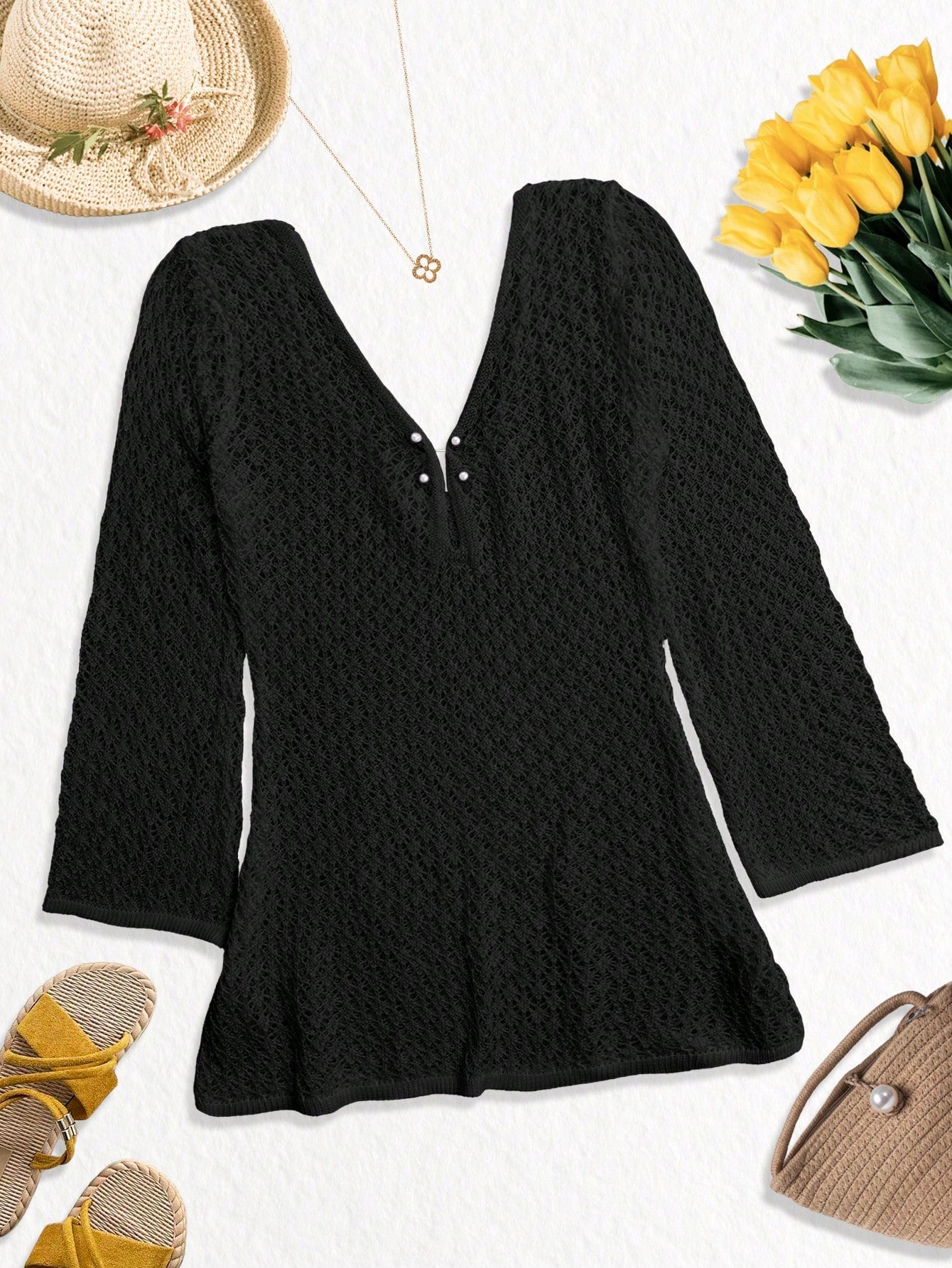 Women's Plus Size Long Sleeve Hollow Crochet Cover-Up, Elegant Bohemian Beach Vacation Style, Summer Vacation Outfit Black