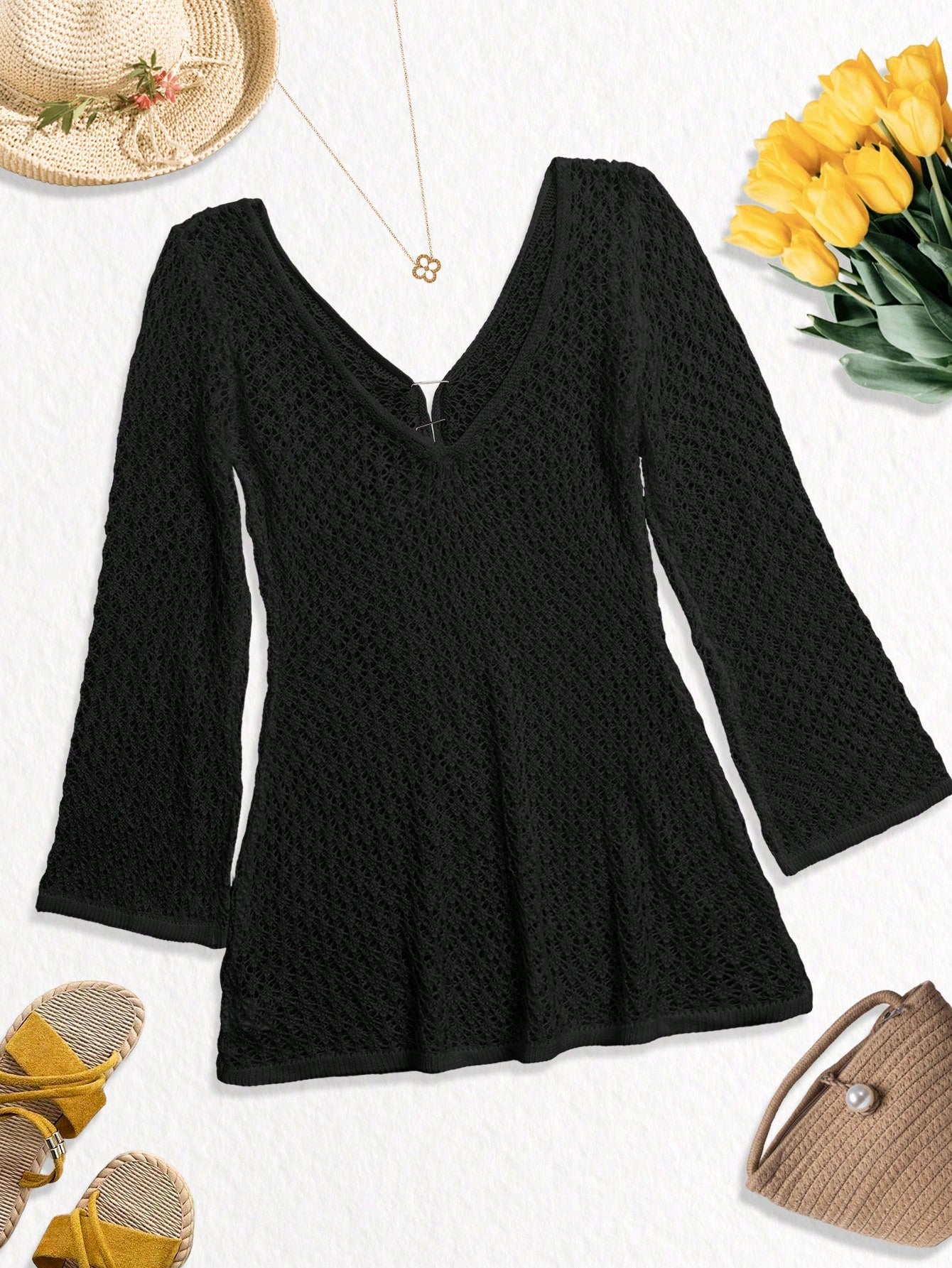 Women's Plus Size Long Sleeve Hollow Crochet Cover-Up, Elegant Bohemian Beach Vacation Style, Summer Vacation Outfit Black