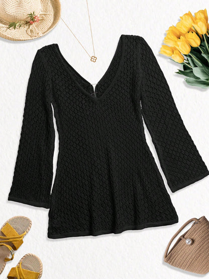 Women's Plus Size Long Sleeve Hollow Crochet Cover-Up, Elegant Bohemian Beach Vacation Style, Summer Vacation Outfit Black