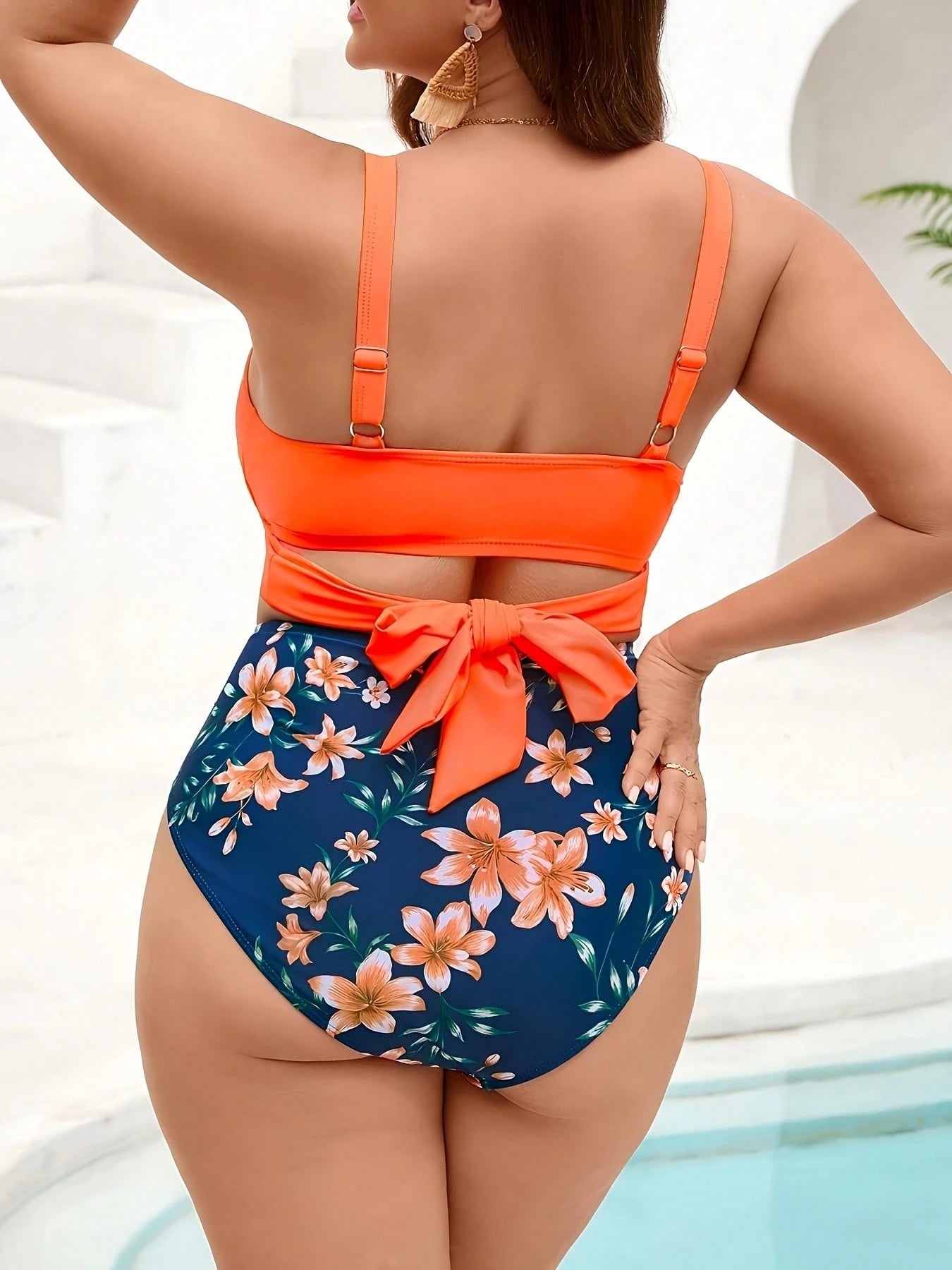 Women's Plus Size Sleeveless Criss Cross Bikini Top With Straps And Floral Print High-Waisted More Coverage Bottom, High Stretch Swimsuit