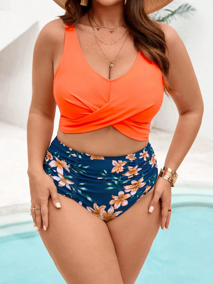 Women's Plus Size Sleeveless Criss Cross Bikini Top With Straps And Floral Print High-Waisted More Coverage Bottom, High Stretch Swimsuit