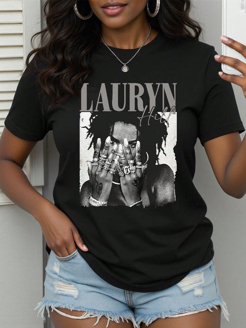 Women's Plus Size T-Shirt/Lauren Hill/Letter Print/Vintage T-Shirt/Women's Casual Ultra Loose Round Neck Top/Spring And Summer