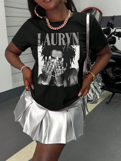 Women's Plus Size T-Shirt/Lauren Hill/Letter Print/Vintage T-Shirt/Women's Casual Ultra Loose Round Neck Top/Spring And Summer
