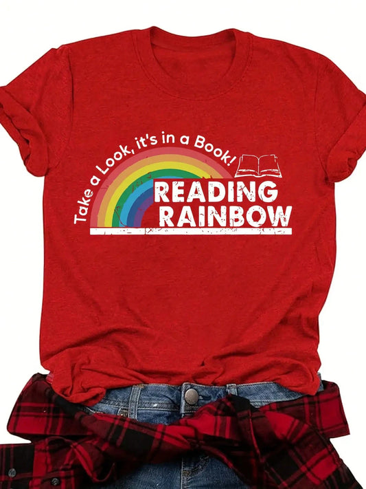 Women's Reading Rainbow Graphic Tee With Book Design Tee, Soft, Heavyweight, Fitted Fit, Print, Graphic, Design, Book, Rainbow Print, For Casual