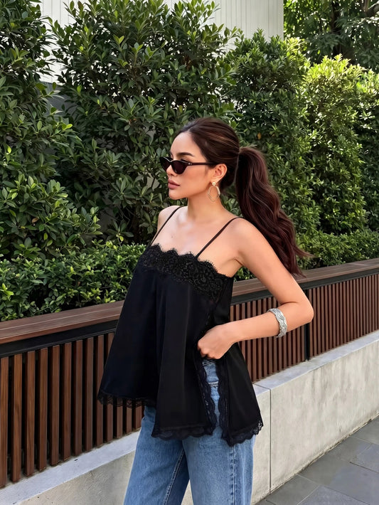 Women's Satin Lace Trim Spaghetti Strap Cami Top- Alluring Side Slit Khaki Summer Camisole Casual Black, For Her
