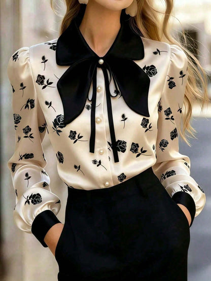 Women's Satin Rose Print Blouse, Long Sleeve Button-Up Shirt, Bow Tie Collar, Regular Fit, Suitable For Office Or Casual Wear
