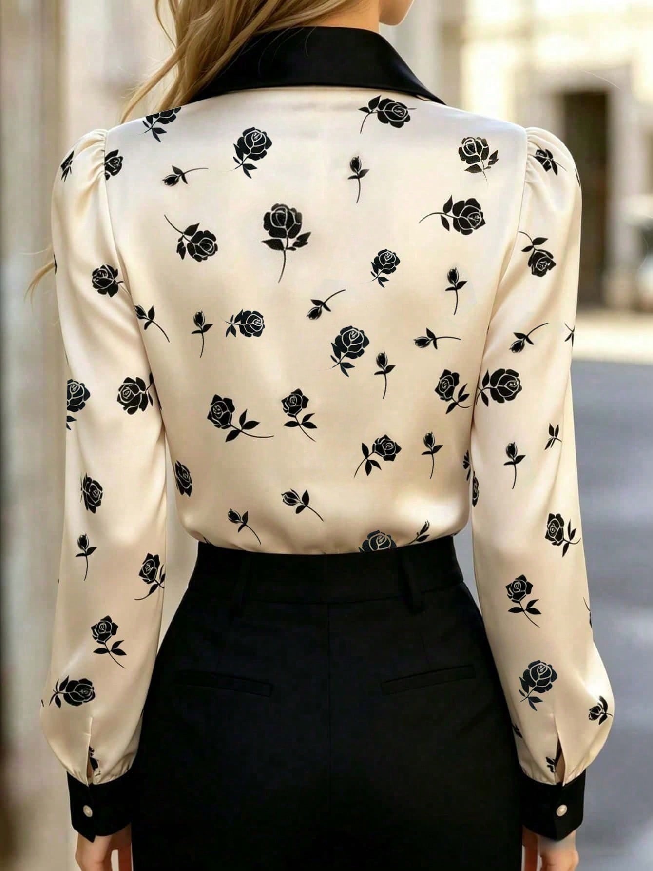 Women's Satin Rose Print Blouse, Long Sleeve Button-Up Shirt, Bow Tie Collar, Regular Fit, Suitable For Office Or Casual Wear