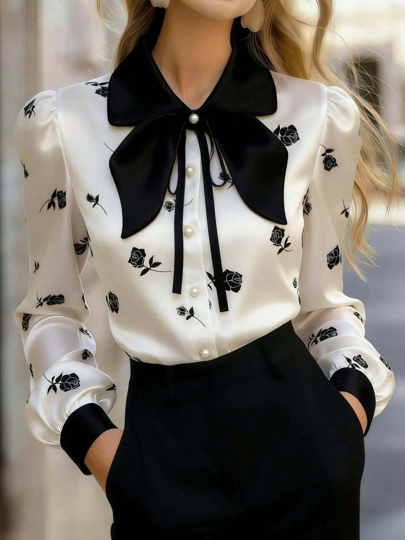 Women's Satin Rose Print Blouse, Long Sleeve Button-Up Shirt, Bow Tie Collar, Regular Fit, Suitable For Office Or Casual Wear
