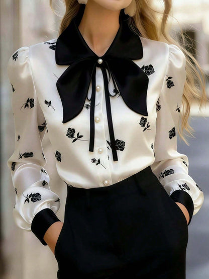 Women's Satin Rose Print Blouse, Long Sleeve Button-Up Shirt, Bow Tie Collar, Regular Fit, Suitable For Office Or Casual Wear