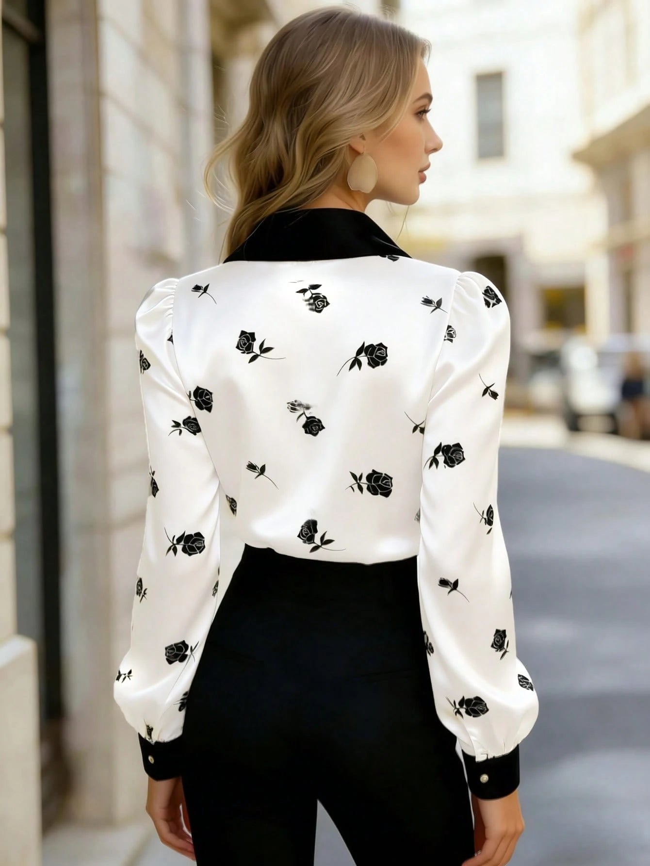 Women's Satin Rose Print Blouse, Long Sleeve Button-Up Shirt, Bow Tie Collar, Regular Fit, Suitable For Office Or Casual Wear