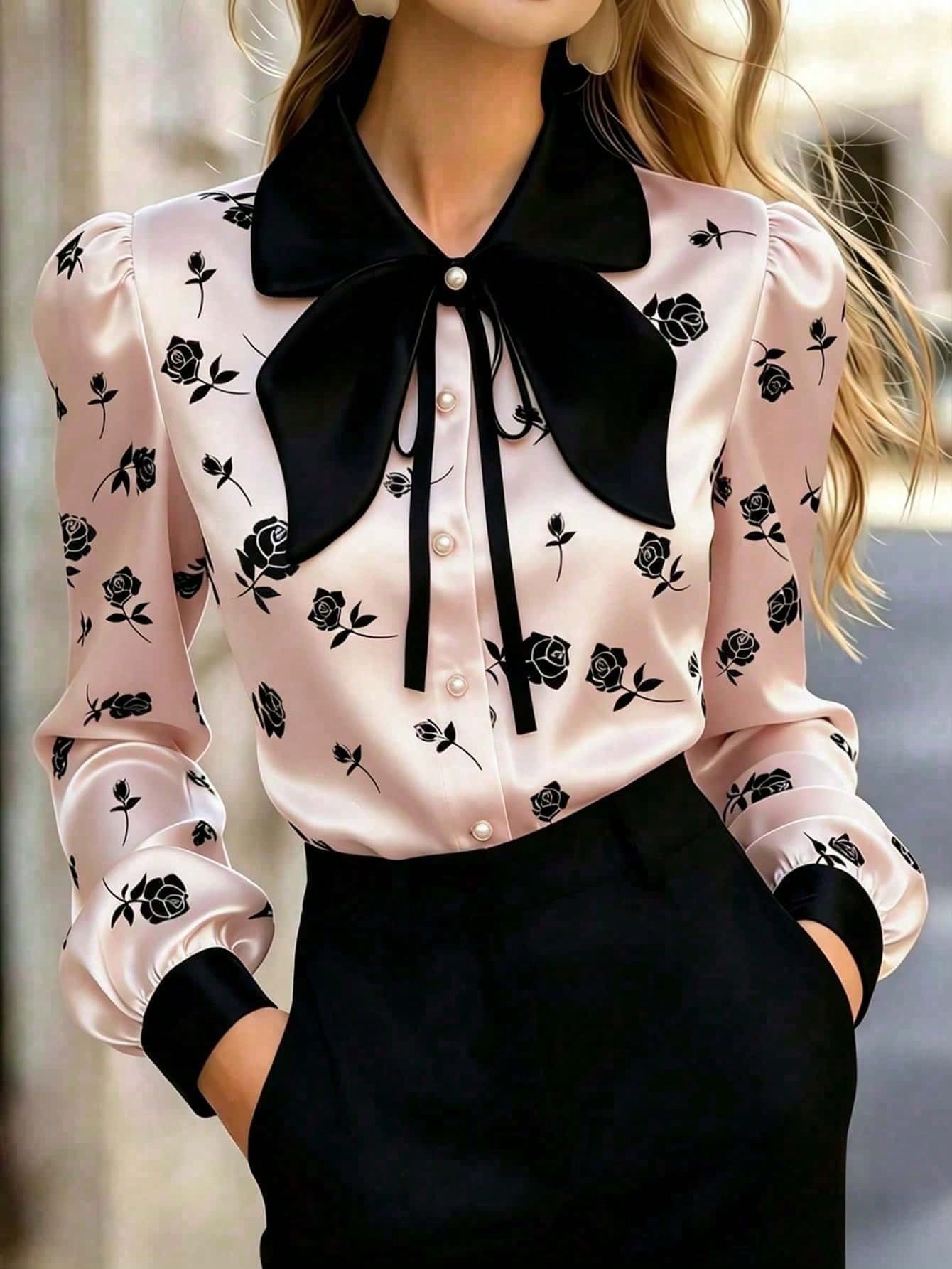 Women's Satin Rose Print Blouse, Long Sleeve Button-Up Shirt, Bow Tie Collar, Regular Fit, Suitable For Office Or Casual Wear