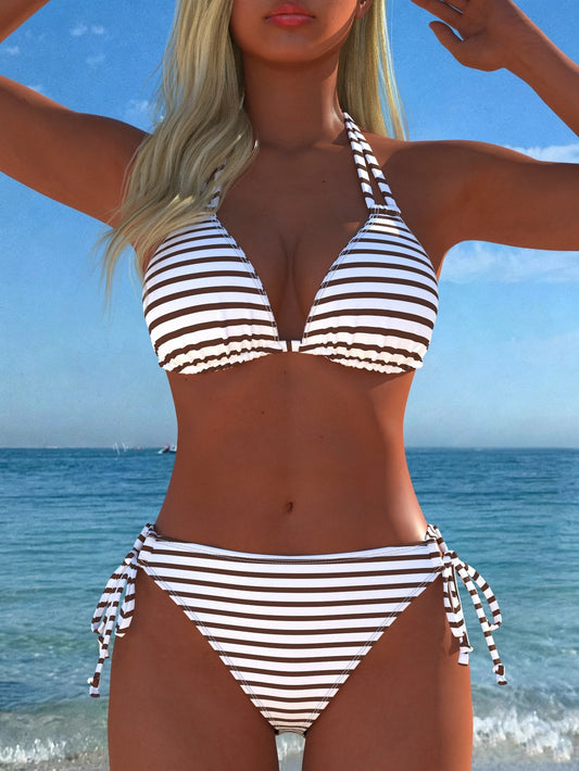 Women's Sexy Halter Neck Striped Bikini Set, Side Tie, Casual Beach Swimwear, New Style, Holiday Summer Vacation Travel Outfit