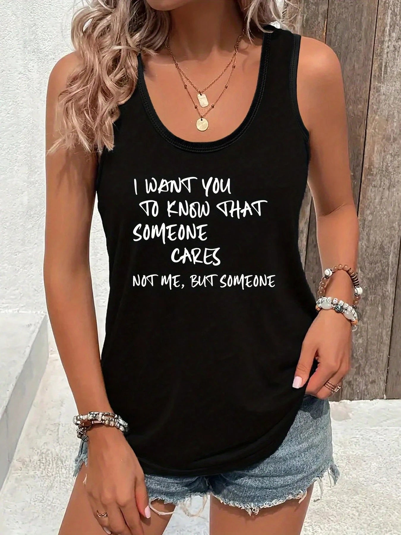 Women's Sleeveless Casual Tank Top With "I Want You To Know That Someone Cares" Print- Glossy Fabric, Geometric Pattern, All-Season Comfort, Machine