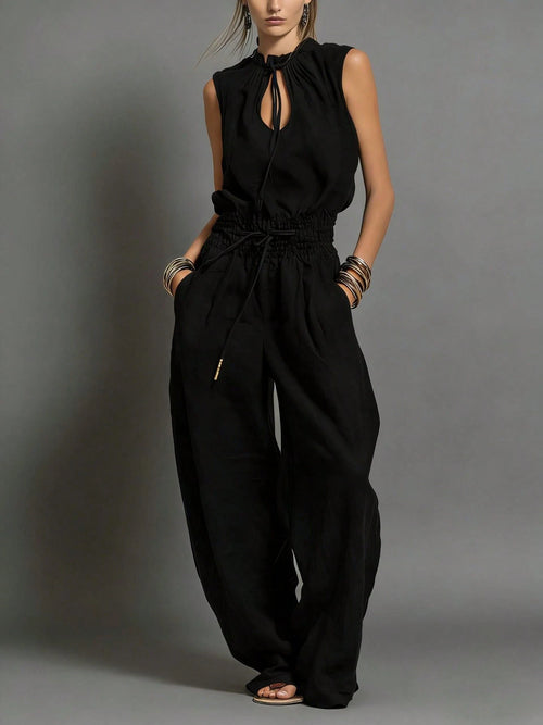Women's Sleeveless Keyhole Neck Jumpsuit, Elastic Waist Wide Leg Pants, Casual & Resort Wear