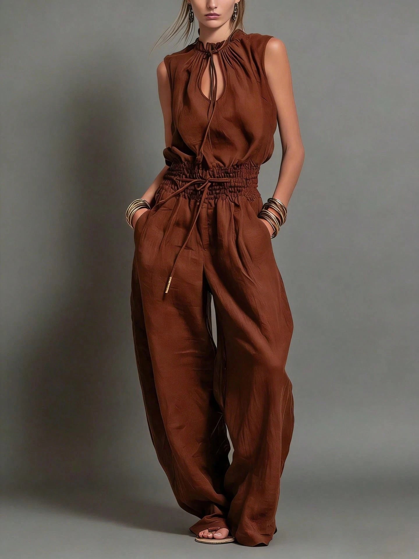 Women's Sleeveless Keyhole Neck Jumpsuit, Elastic Waist Wide Leg Pants, Casual & Resort Wear