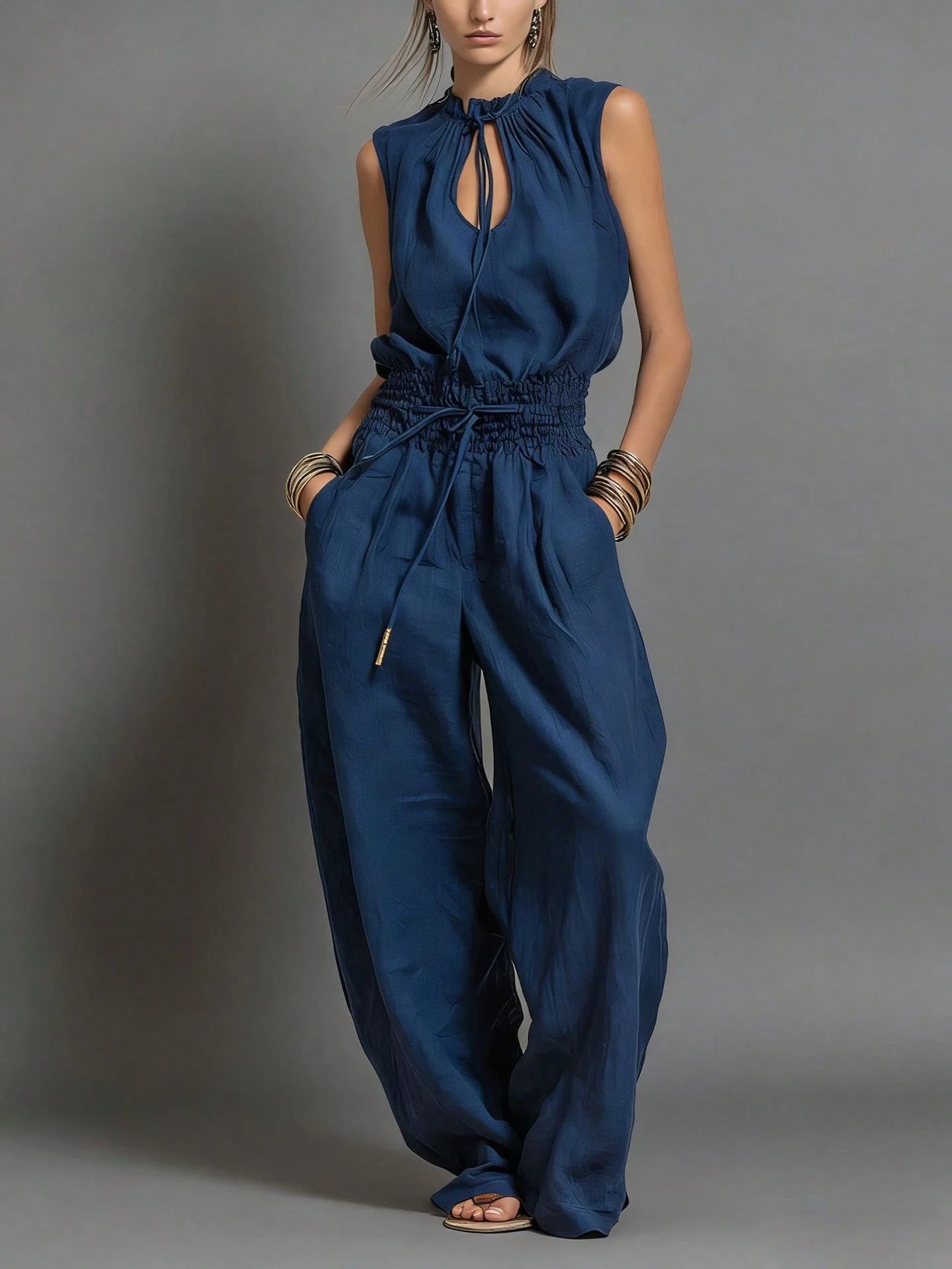 Women's Sleeveless Keyhole Neck Jumpsuit, Elastic Waist Wide Leg Pants, Casual & Resort Wear