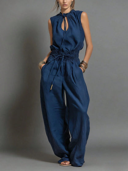 Women's Sleeveless Keyhole Neck Jumpsuit, Elastic Waist Wide Leg Pants, Casual & Resort Wear