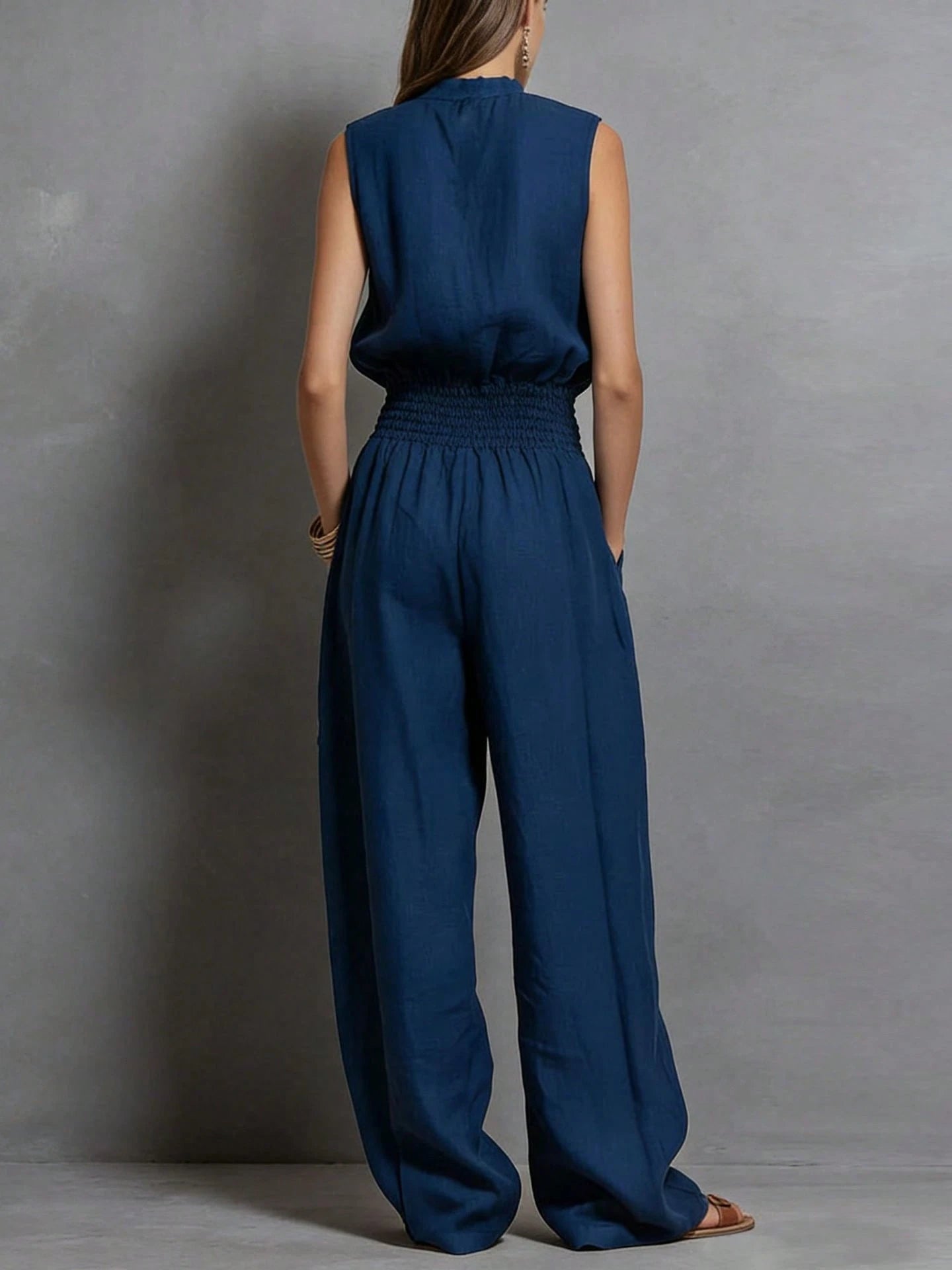Women's Sleeveless Keyhole Neck Jumpsuit, Elastic Waist Wide Leg Pants, Casual & Resort Wear