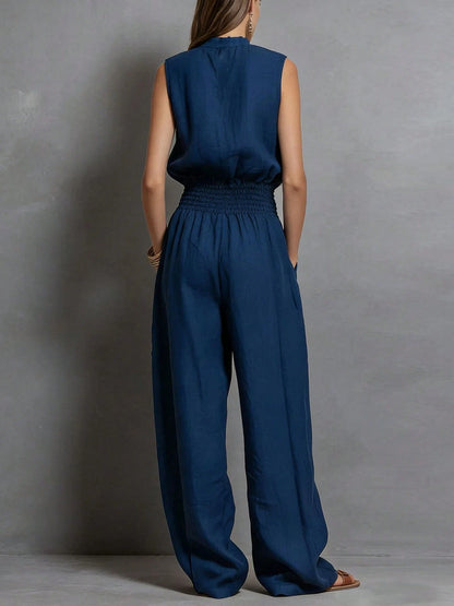 Women's Sleeveless Keyhole Neck Jumpsuit, Elastic Waist Wide Leg Pants, Casual & Resort Wear