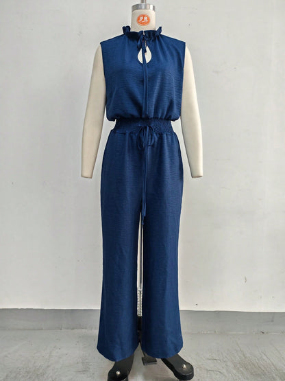 Women's Sleeveless Keyhole Neck Jumpsuit, Elastic Waist Wide Leg Pants, Casual & Resort Wear