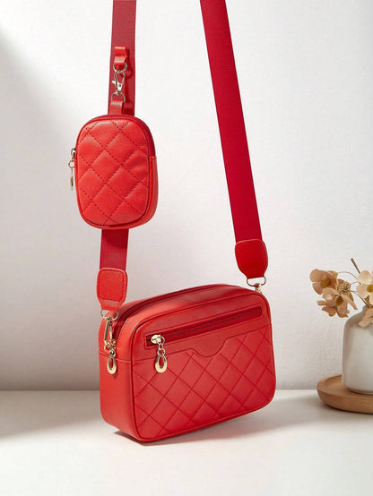 Women's Small Square Shoulder Crossbody Bag, Diamond Quilted Handbag With Pouch