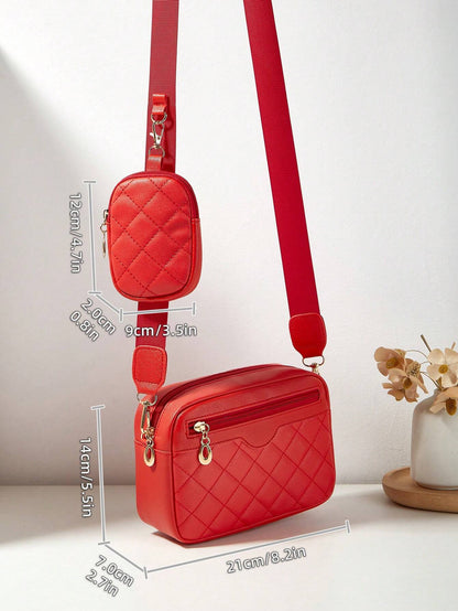Women's Small Square Shoulder Crossbody Bag, Diamond Quilted Handbag With Pouch