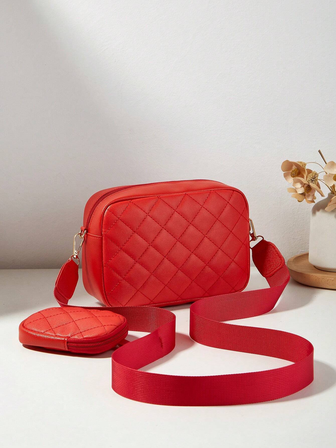 Women's Small Square Shoulder Crossbody Bag, Diamond Quilted Handbag With Pouch