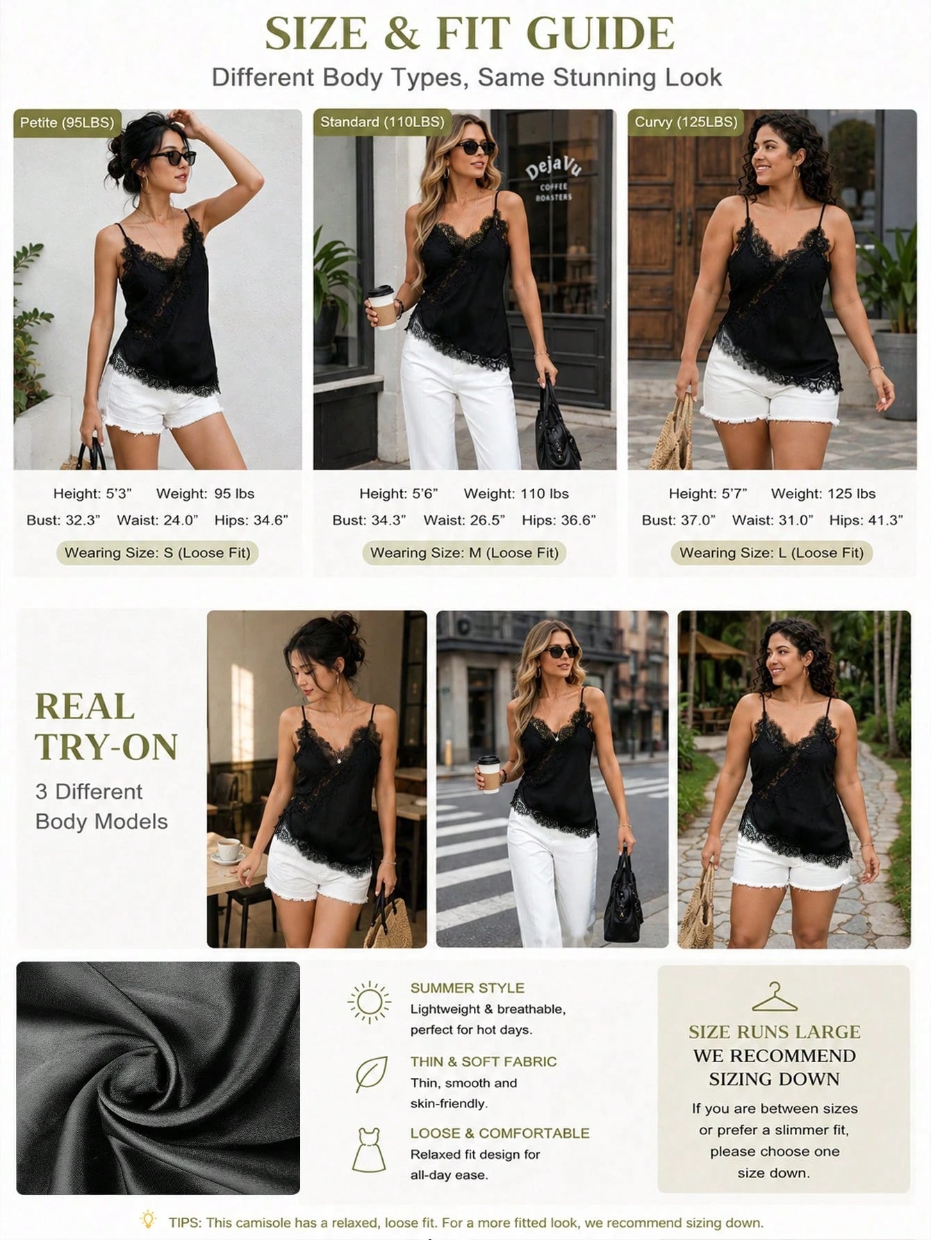 Women's Soft Satin V-Neck Asymmetric Lace Trim Hem Fitted Camisole Top, Semi-Sheer Eyelash Lace Design, Suitable For Date Night, Casual Street Style, And Slouchy Atmosphere, Beach Vacation Black Summ