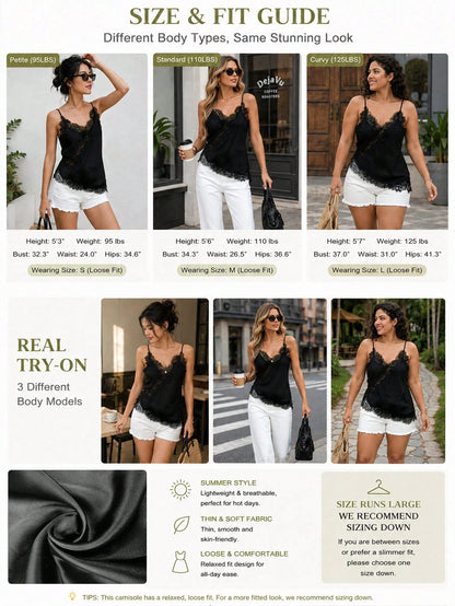 Women's Soft Satin V-Neck Asymmetric Lace Trim Hem Fitted Camisole Top, Semi-Sheer Eyelash Lace Design, Suitable For Date Night, Casual Street Style, And Slouchy Atmosphere, Beach Vacation Black Summ