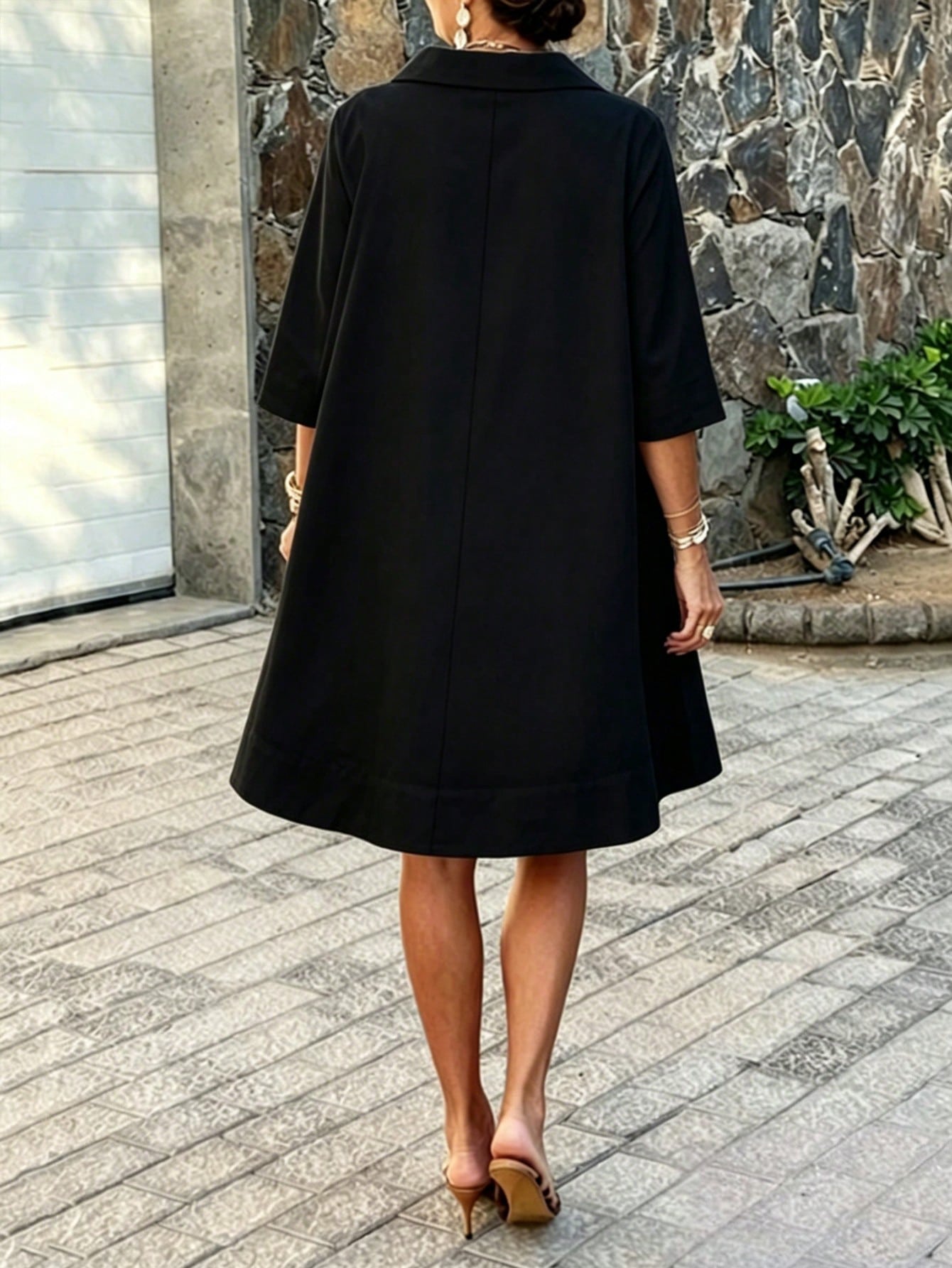 Women's Solid Color Casual Elegant Daily Home Office Vacation Beach Outfit Beige Collared Loose Shirt Dress Summer Casual Versatile A-Line Black
