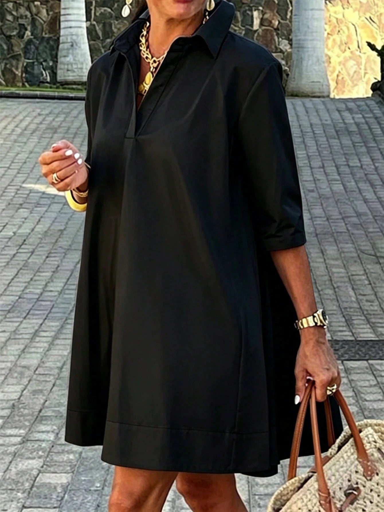 Women's Solid Color Casual Elegant Daily Home Office Vacation Beach Outfit Beige Collared Loose Shirt Dress Summer Casual Versatile A-Line Black