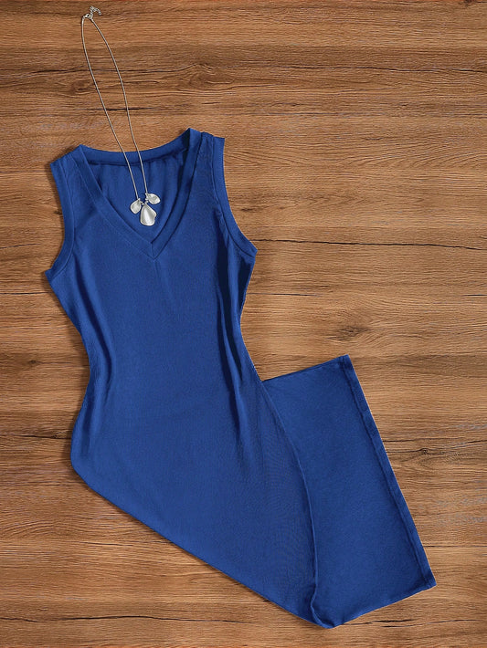 Women's Solid Color Elegant Casual Knit Fabric Split Bodycon Dress, Suitable For Vacation, Wedding, Birthday Party, Date, Spring/Summer