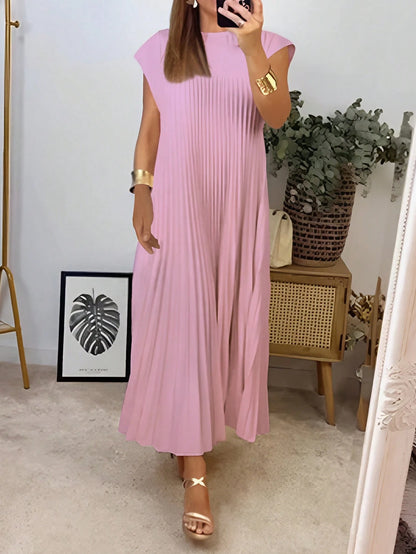 Women's Solid Color Round Neck Casual Long Dress, Everyday Wear Pink Elegant Summer