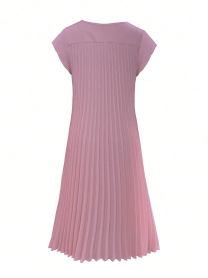 Women's Solid Color Round Neck Casual Long Dress, Everyday Wear Pink Elegant Summer