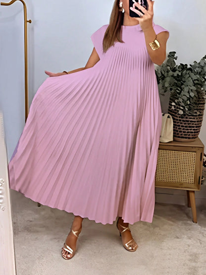 Women's Solid Color Round Neck Casual Long Dress, Everyday Wear Pink Elegant Summer