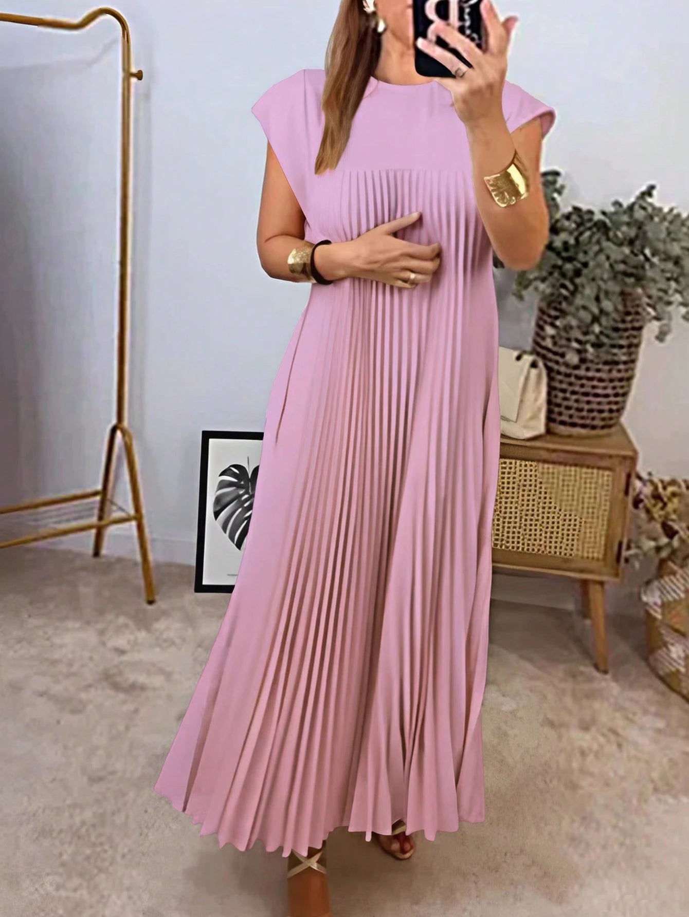 Women's Solid Color Round Neck Casual Long Dress, Everyday Wear Pink Elegant Summer