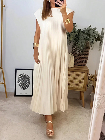 Women's Solid Color Round Neck Casual Long Dress, Everyday Wear Pink Elegant Summer