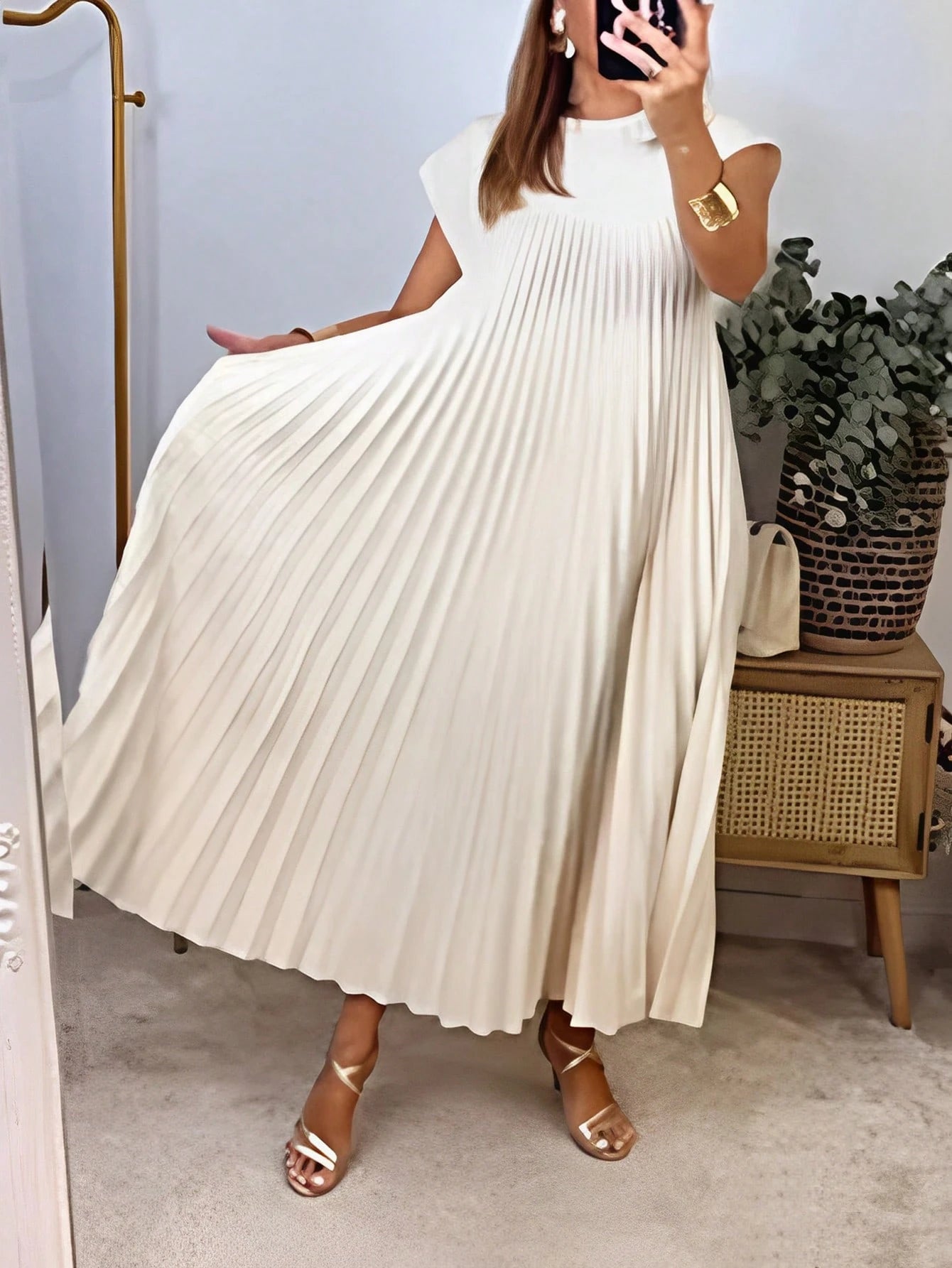 Women's Solid Color Round Neck Casual Long Dress, Everyday Wear Pink Elegant Summer