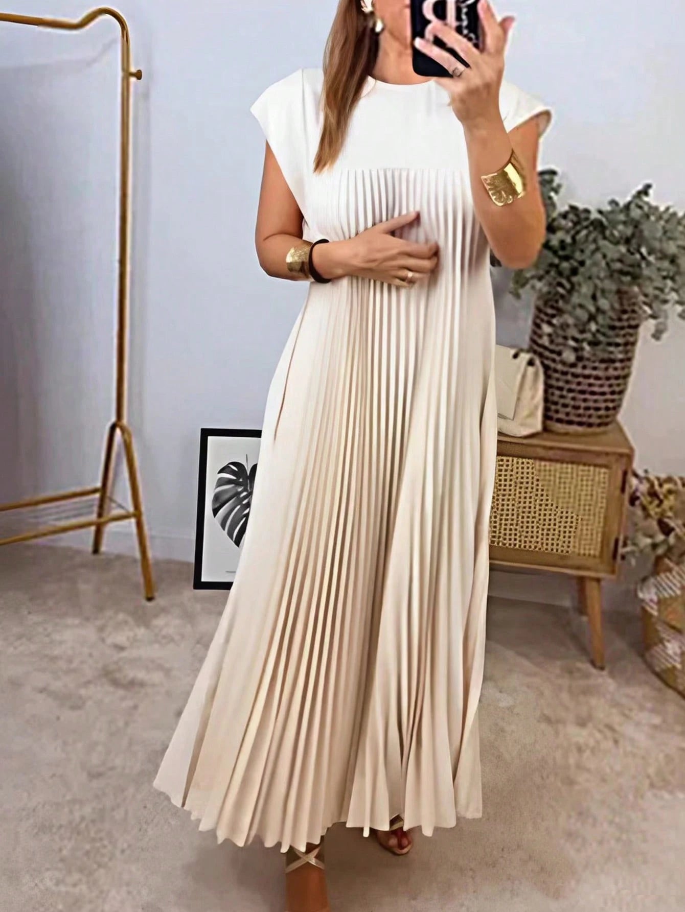 Women's Solid Color Round Neck Casual Long Dress, Everyday Wear Pink Elegant Summer