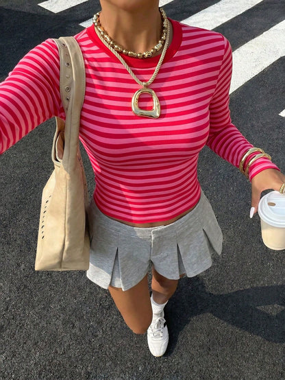 Women's Solid Color Round Neck Long Sleeve Ruched Slim Fit T-Shirt Casual Vacation