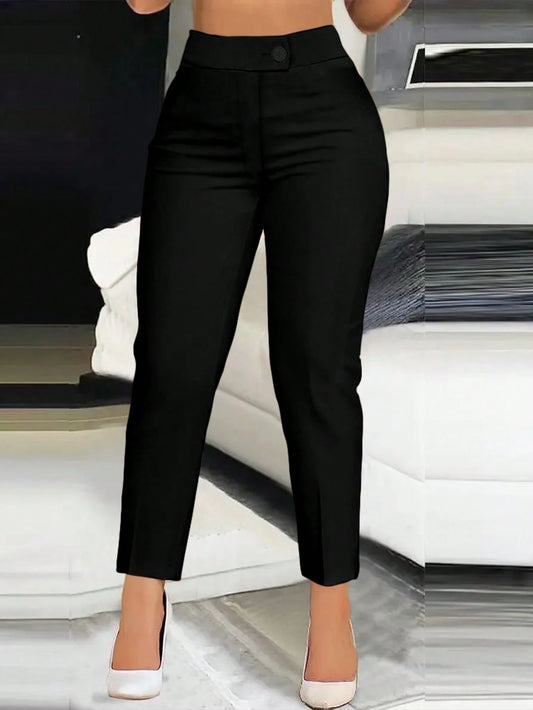 Women's Solid Color Slim Fit Casual Pants, Suitable For Commuting & Daily Wear Black Spring