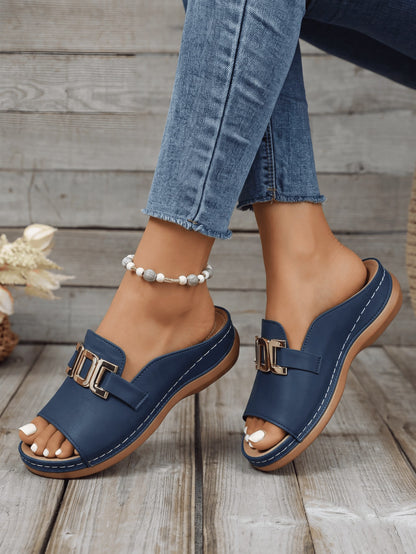 Women's Solid Color Wedge Sandals With Metal Chain Design,Open-Toe Platform Sandals,Outdoor Flat Sandals For Summer,Versatile Beach Shoes,Sandal Women