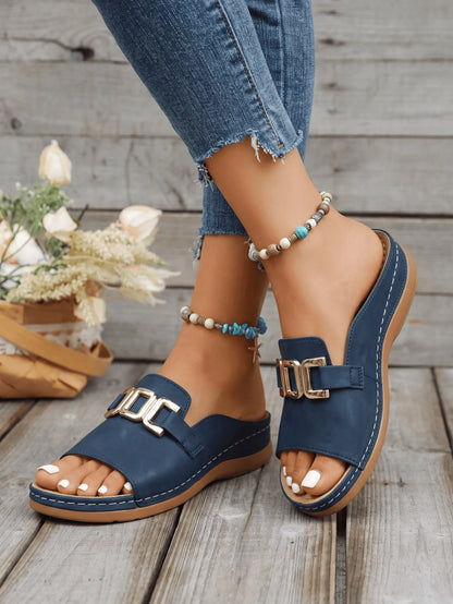Women's Solid Color Wedge Sandals With Metal Chain Design,Open-Toe Platform Sandals,Outdoor Flat Sandals For Summer,Versatile Beach Shoes,Sandal Women