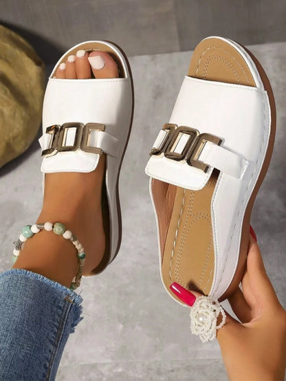 Women's Solid Color Wedge Sandals With Metal Chain Design,Open-Toe Platform Sandals,Outdoor Flat Sandals For Summer,Versatile Beach Shoes,Sandal Women