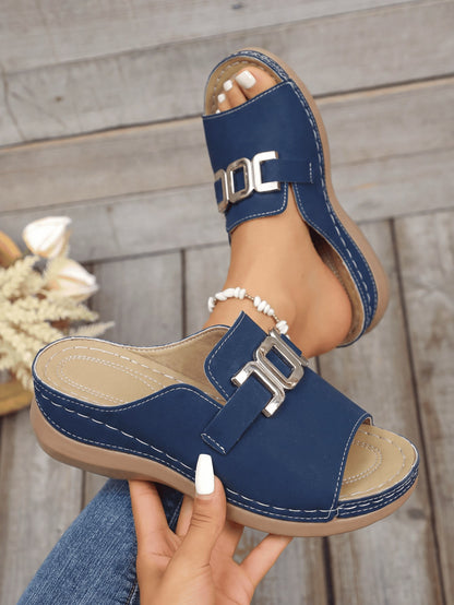 Women's Solid Color Wedge Sandals With Metal Chain Design,Open-Toe Platform Sandals,Outdoor Flat Sandals For Summer,Versatile Beach Shoes,Sandal Women