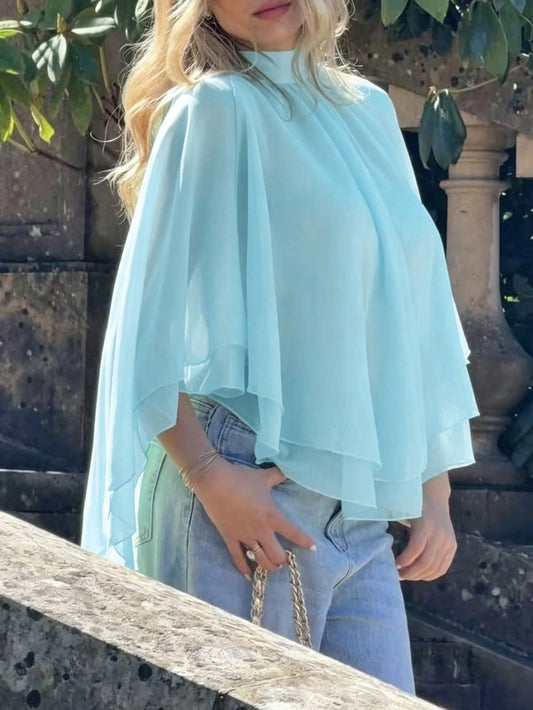 Women's Solid Color Woven Fabric Stand Collar Backless Tie Knot Asymmetrical Sleeveless Cape Top, Chic & Elegant