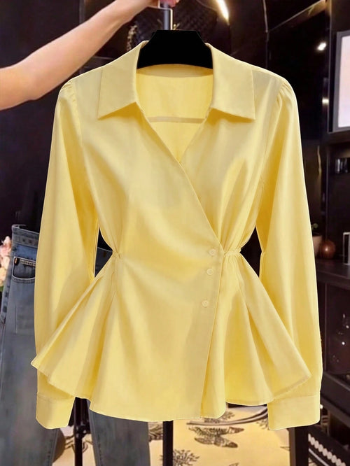 Women's Spring/Autumn New Solid Color French V-Neck Tie-Waist Casual Long Sleeve Blouse Yellow, Chic